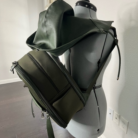 Celebrity Favorite Backpack With Leather Hood Army Green Lots Of Pockets - Picture 2 of 6